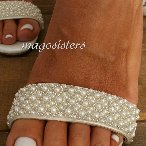 Handmade Ivory Beaded Block Heel Wedding Sandals - Picture 5 of 7